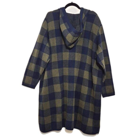 Denim & Co. Plaid Hooded Cardigan 3XP Blue Green Checker Button Front Cozy Knit - Picture 3 of 8